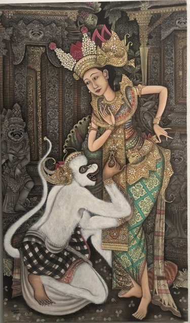 INDONESIA BALI BALINESE GODDESS ART TRADITIONAL PAINTING ON CANVAS: INDONESIA BALI BALINESE GODDESS ART TRADITIONAL PAINTING ON CANVAS , IMAGE 26" X 44.5" SIGNED LOWER LEFT BALOK UBUD , UNFRAMED . IN HOUSE SHIPPING AVAILABLE OR FREE PICK UP