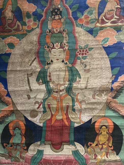 LARGE 19th CENTURY TIBETAN THANGKA OF WHITE TARA CIRCA 1850-1900: LARGE 19tH CENTURY TIBETAN THANGKA OF WHITE TARA CIRCA 1850-1900 THANGKA OF WHITE TARA SEATED IN MUDRAS SURROUNDED BY BODHISATTVAS AND BUDDHAS, THIS PAINTING STILL HAS VIBRANT COLORS WITH GREAT DETAIL