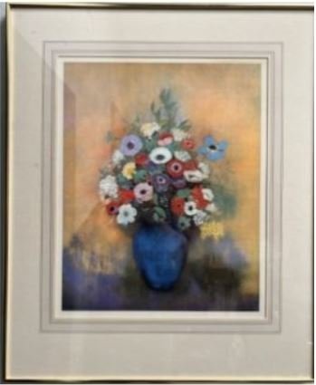 ODILON REDON FRAMED LITOGRAPH FLOWERS IN A VASE, 29 x 24: ODILON REDON FRAMED LITOGRAPH FLOWERS IN A VASE , Odilon Redon was a French symbolist painter, printmaker, draughtsman and pastellist. Early in his career, both before and after fighting in the Franco