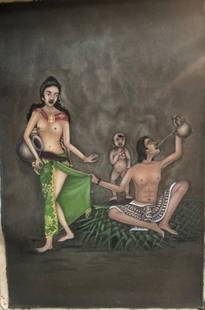 VINTAGE TABANAN- BALI OIL ON CANVAS COUPLE WITH CHILD SIGNED NY THE ARTIST LOWER RIGHT: VINTAGE TABANAN- BALI OIL ON CANVAS COUPLE WITH CHILD SIGNED NY THE ARTIST KOMANG WICANA LOWER RIGHT IMAGE 22.75 X 15.75" UNFRAMED , IN HOUSE SHIPPING AVAILABLE OR FREE PICK UP