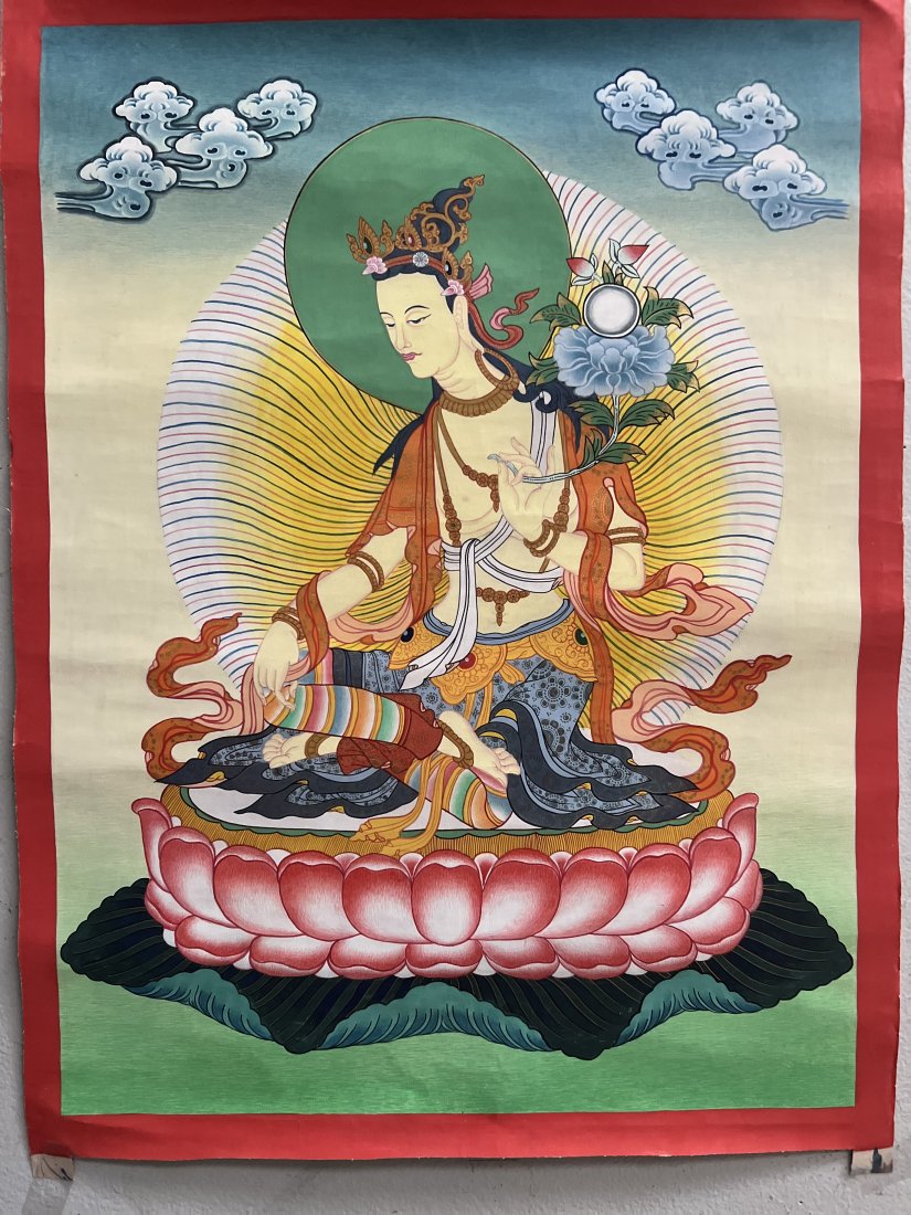 AVALOKITESHVARA CHENREZIG THANGKA , TIBETAN BUDDHIST GOUACHE AND ACRYLIN ON CANVAS: AVALOKITESHVARA CHENREZIG THANGKA , TIBETAN BUDDHIST GOUACHE AND ACRYLIN ON CANVAS . THESE PAINTING ARE CONSIDERED IMPORTAND IN BUDDHISH RITUALS , IMAGE 17" 22" UNFRAMED IN HOUSE SHIPPING AVAILABLE OR