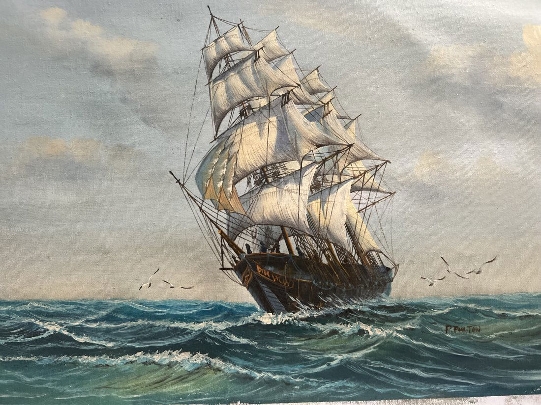 CLIPPER SHIP AT SEA ON A RUFF OVER CAST DAY  OIL/ PRINT  ON CANVAS SIGNED P. FULTON (1 of 4)
