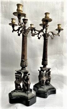 PAIR OF CANDELABRA IN PATINATED BRONZE , TRIPOD PEDESTAL 3 CANDLES ON EACH CANDELABRA 21" TALL (1 of 5)
