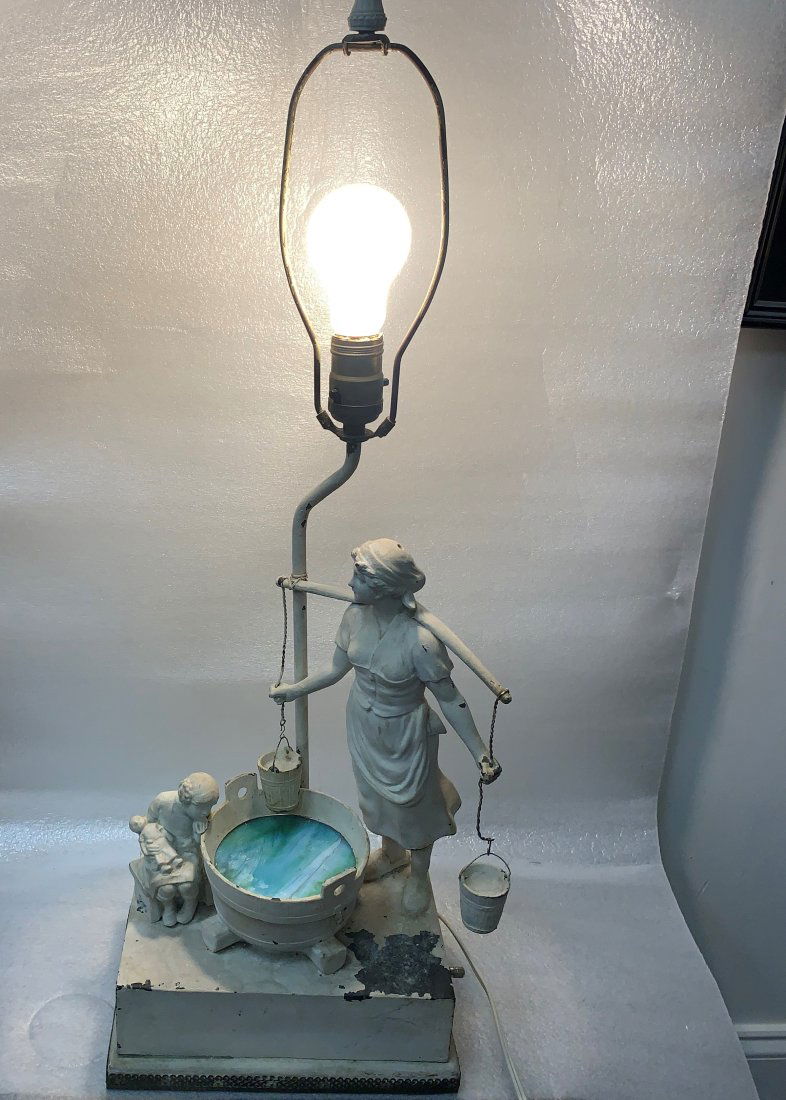 RARE ANTIQUE FRENCH LATE 19TH OR EARLY 20TH CENTURY LAMP, A MOTHER GETTING THE BATH READY 30" TALL (1 of 6)