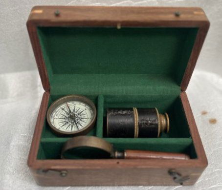 OLD WORLD MARITIME NAVIGATION SET WITH TRAVEL TELESCOPE- COMPASS- MAGNIFYING GLASS (1 of 5)