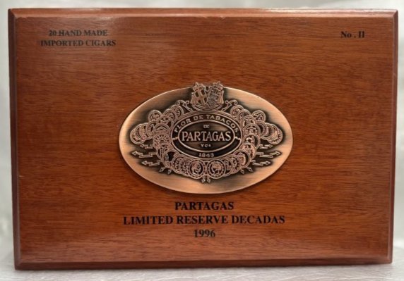 PARTAGAS LIMITED RESERVE DECADES 1996 ENPTY WOODEN CIGAR BOX: PARTAGAS LIMITED RESERVE DECADES 1996 ENPTY WOODEN CIGAR BOX 11.25 X 9 X 5 . IN HOUSE SHIPPING AVAILABLE OR FREE PICK UP