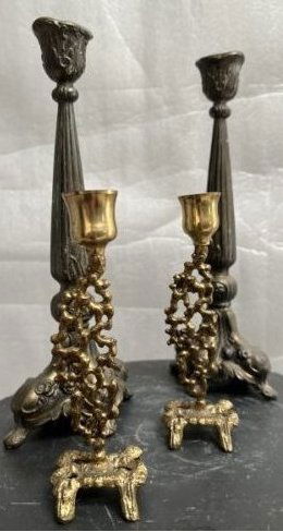 4 ITEMS, 2 SETS OF CANDLE HOLDERS BRONZE 10" & 6" TALL (1 of 5)