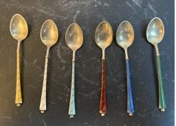 DANISH , 6 ENAMEL DEMITASSE SPOONS SET GILT STERLING SILVER (1 of 4)