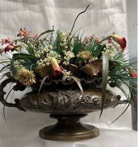 LARGE BAROQUE ITALIAN BRONZE JARDINIERE PLANTER WITH SILK FLOWERS 23" TALL 30" WIDE: LARGE BAROQUE ITALIAN BRONZE JARDINIERE PLANTER WITH SILK FLOWERS 23" TALL 30" WIDE IN HOUSE SHIPPING $150 FREE PICK UP