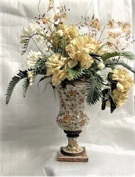 ASIAN PORCELAIN AND BRONZE VASE WITH SILK FLOWERS , VASE 15" TALL W FLOWERS 35" TALL MAKERS MARK (1 of 4)