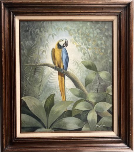 RAIN FOREST SPORTING WILDLIFE ART ORIGINAL PARROT PAINTING SIGNED GUY PERLMAN: RAIN FOREST SPORTING WILDLIFE ART ORIGINAL PARROT PAINTING SIGNED GUY PERLMAN SIZEABLE OIL ON CANVAS LATE 20th CENTURY , ELK IN THE BRUSH SIGNED ON RIGHT BY LISTED ARTIST DON ERDMAN , IMAGE 24 " X 20"