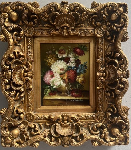 FLOWERS , OIL ON CANVAS FRAMED SIGNED BY THE ARTIST A. NEILSEN: FLOWERS , OIL ON CANVAS FRAMED SIGNED BY THE ARTIST A. NEILSEN , IMAGE 9 X 7 FRAMED 16 X 18 , IN HOUSE SHIPPING AVAILABLE OR FREE PICK UP