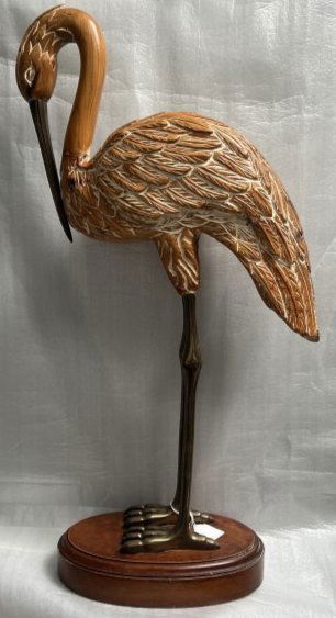 GREAT OVERSIZE CARVED WOOD CRANE LONG NECK BRASS BEAK  LONG BRASS LEGS/FEET ON A WOOD BASE 36" TALL (1 of 6)