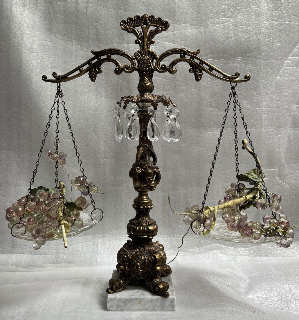 VINTAGE BRASS , CRYSTAL AND MARBLE SCALES OF JUSTICE 18" TALL 18" WIDE (1 of 2)