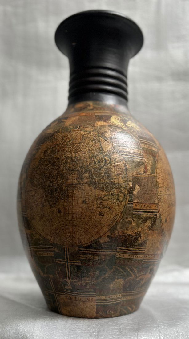 LARGE HEAVY ART DECO FLOOR VASE CERAMIC WITH A WOULD MAP CIRCLED AROUND (1 of 2)