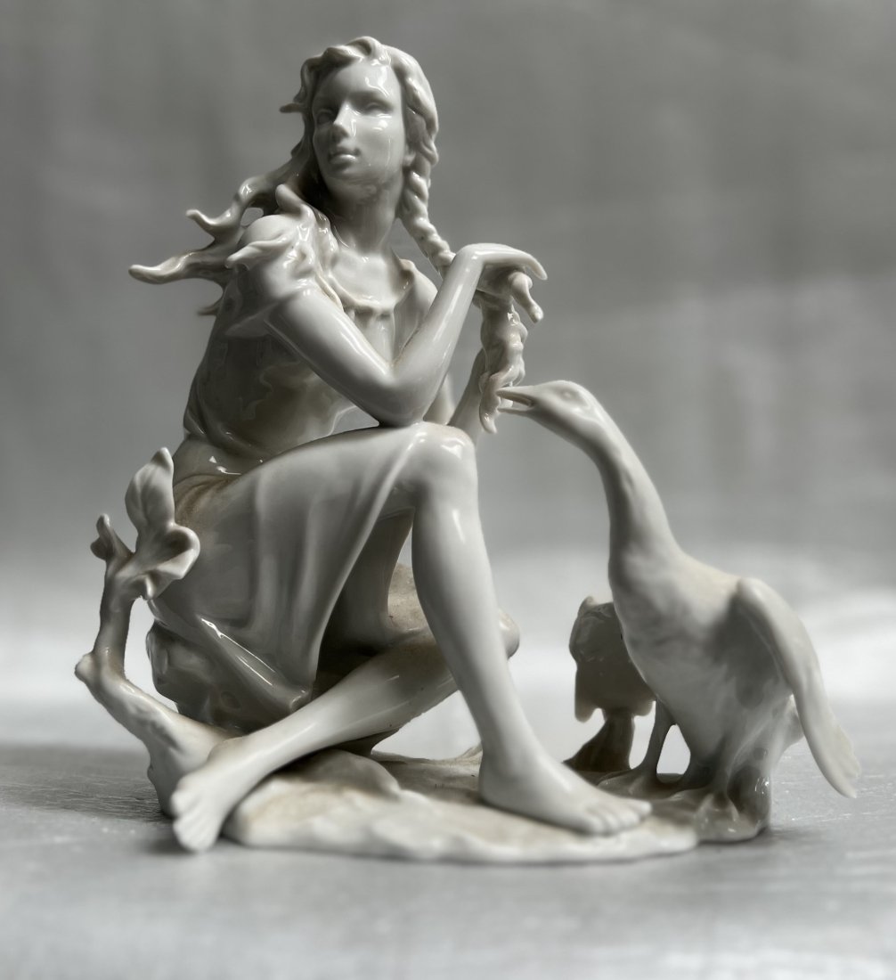 KAISER GOOSE GIRL WHITE BISQUE PORCELAIN FIGURINE SCULPTURE SIGNED BY THE ARTIST STAMPED ON BOTTOM (1 of 4)