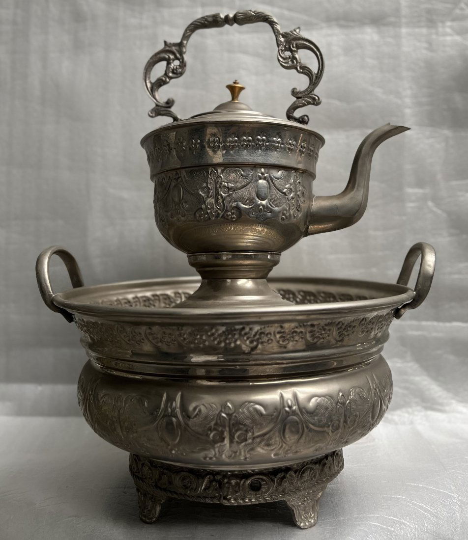 Antique Moroccan Hand Wash Basin and Kettle ~ Hand Hammered Makers mark on bottom: Antique Moroccan Hand Wash Basin and Kettle ~ Hand Hammered makers mark on bottom comes in 4 pieces Stands 21" 16" wide WE OFFER FREE PICK UP OR OUR IN-HOUSE PREFERRED SHIPPER IS UPS #4825 Starr Almei