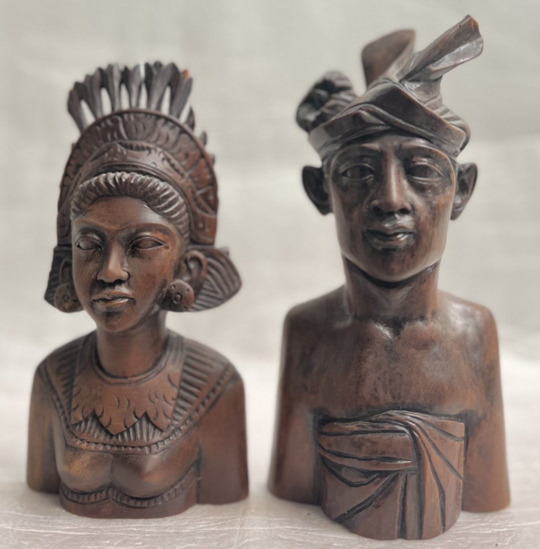 BALINESE TEAK BUST OF A MALE AND FEMALE 8.5 INCH TALL: VINTAGE HAND-CARVED BALINESE TEAK BUST OF A MALE AND FEMALE 8.5 INCH TALL. STAMPED BALI ON THE BOTTOM OF EACH WE OFFER FREE PICK UP OR OUR IN-HOUSE PREFERRED SHIPPER IS UPS #4825 Starr Almeida, EMAIL 