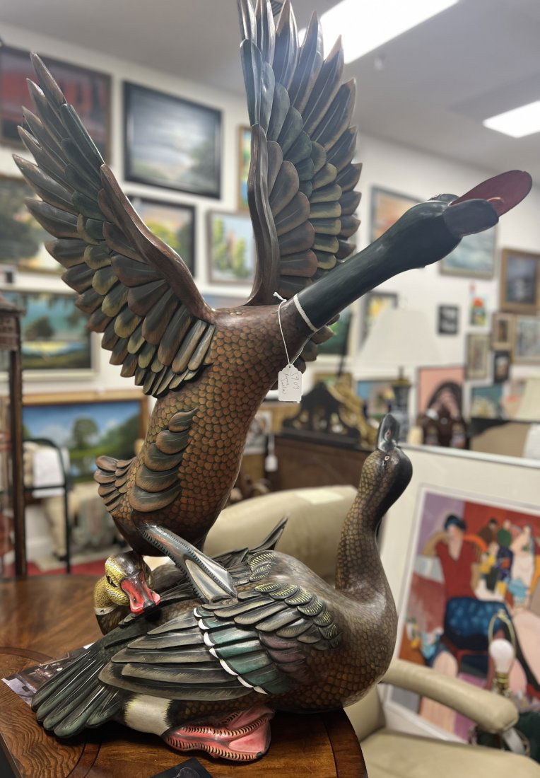 THREE HAND CARVED LARGE GEESE IN ONE STATUTE , ONE IN FLIGHT  TWO ON THE GROUND (1 of 6)