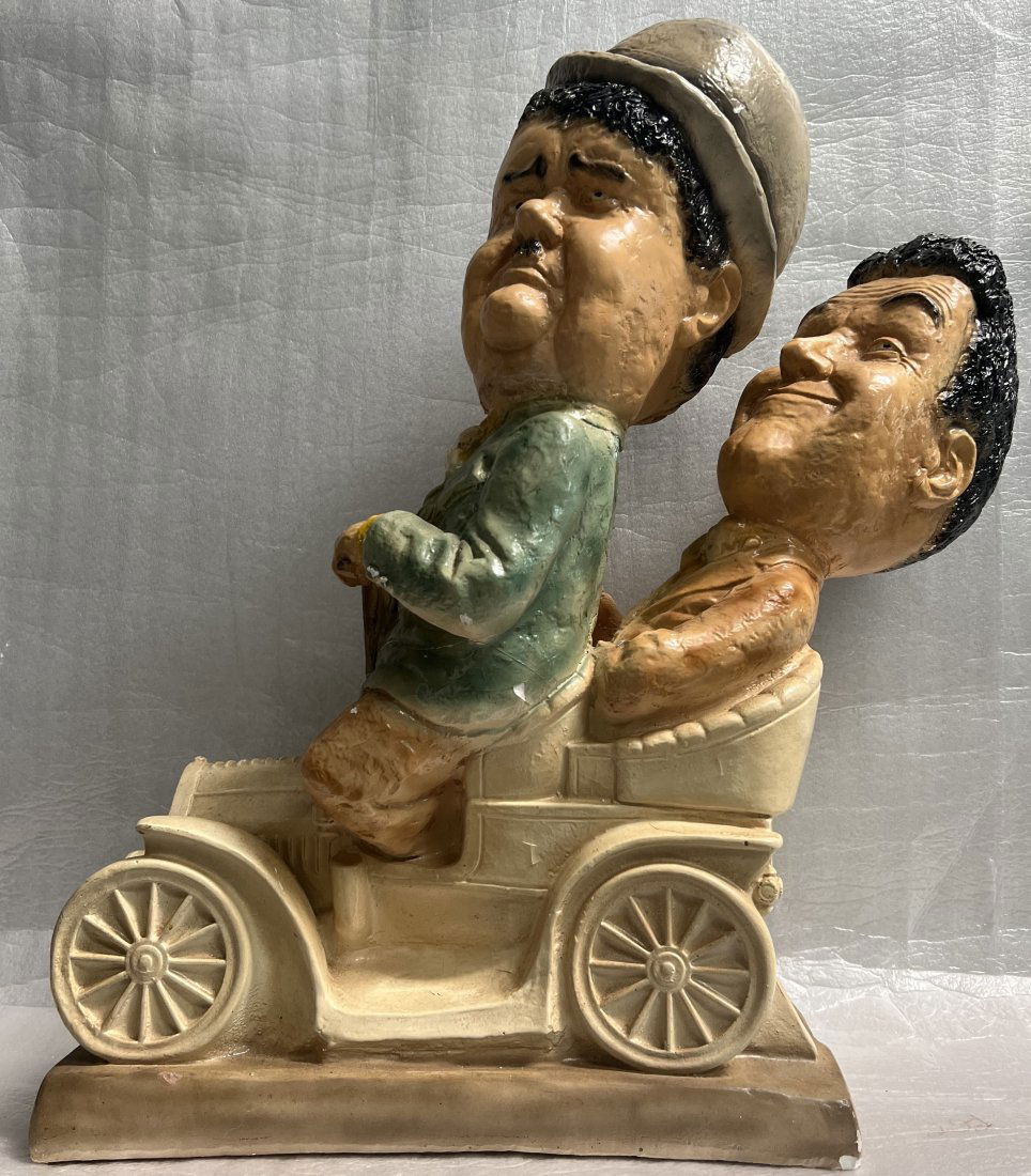 LAUREL AND HARDY RARE RIDING IN CAR CHALKWARE 20" TALL 1970s ESCO TUSCANY STYLE (1 of 4)
