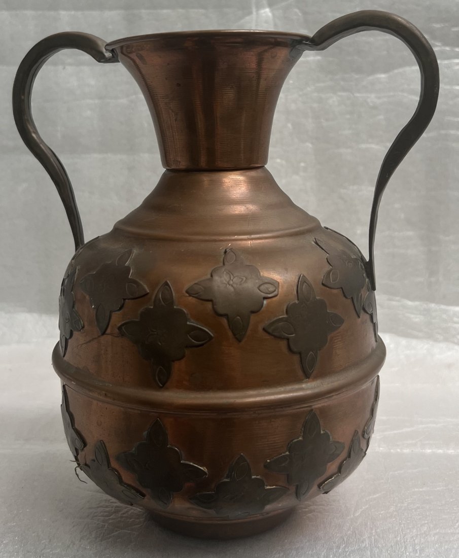 MID CENTURY COPPER VASE WITH BRASS HANDLES (1 of 3)