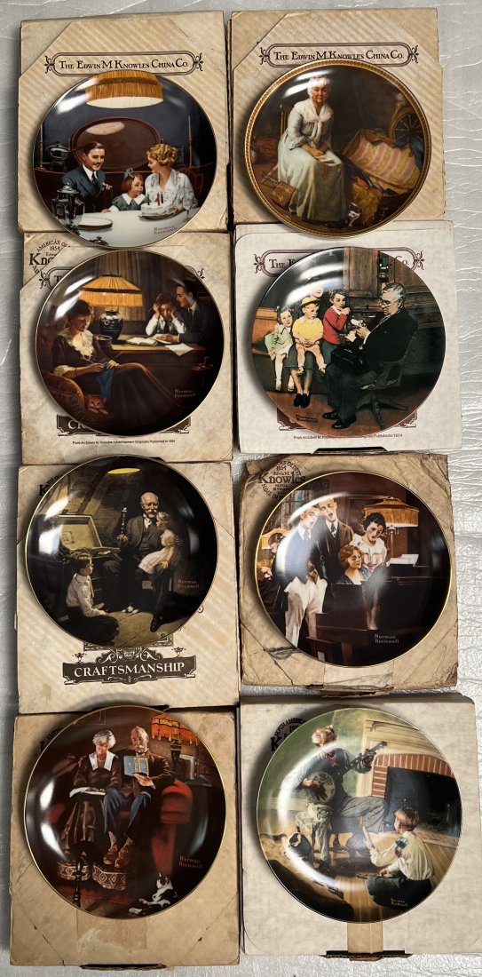 SET OF 8 (EIGHT) NORMAN ROCKWELL LIMITED EDITION COLLECTORS SERIES PLATES: SET OF 8 (EIGHT) NORMAN ROCKWELL LIMITED EDITION COLLECTORS SERIES PLATES CIRCA 1984 ALL NEW IN THE ORIGINAL BOX WITH PAPERWORK AND COA . EACH PLATE IS 8.5" ROUND EACH BOX 10" X 10.5 X 1.5