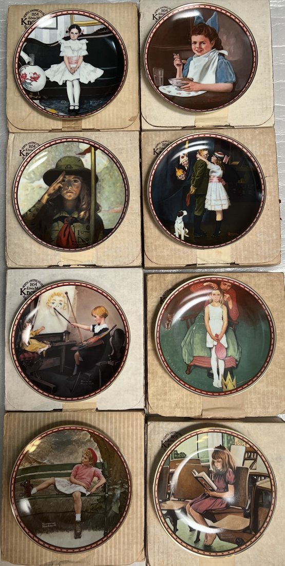 SET OF 8 (EIGHT) NORMAN ROCKWELL LIMITED EDITION COLLECTORS SERIES PLATES: SET OF 8 (EIGHT) NORMAN ROCKWELL LIMITED EDITION COLLECTORS SERIES PLATES CIRCA 1984 ALL NEW IN THE ORIGINAL BOX WITH PAPERWORK AND COA . EACH PLATE IS 8.5" ROUND EACH BOX 10" X 10.5 X 1.5