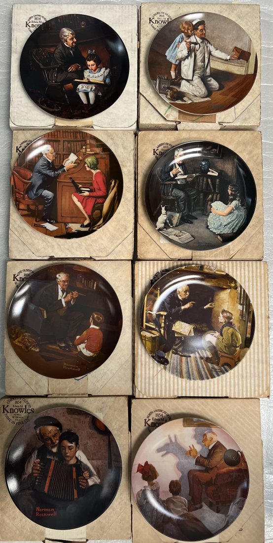 SET OF 8 (EIGHT) NORMAN ROCKWELL LIMITED EDITION COLLECTORS SERIES PLATES: ET OF 8 (EIGHT) NORMAN ROCKWELL LIMITED EDITION COLLECTORS SERIES PLATES CIRCA 1984 ALL NEW IN THE ORIGINAL BOX WITH PAPERWORK AND COA . EACH PLATE IS 8.5" ROUND EACH BOX 10" X 10.5 X 1.5