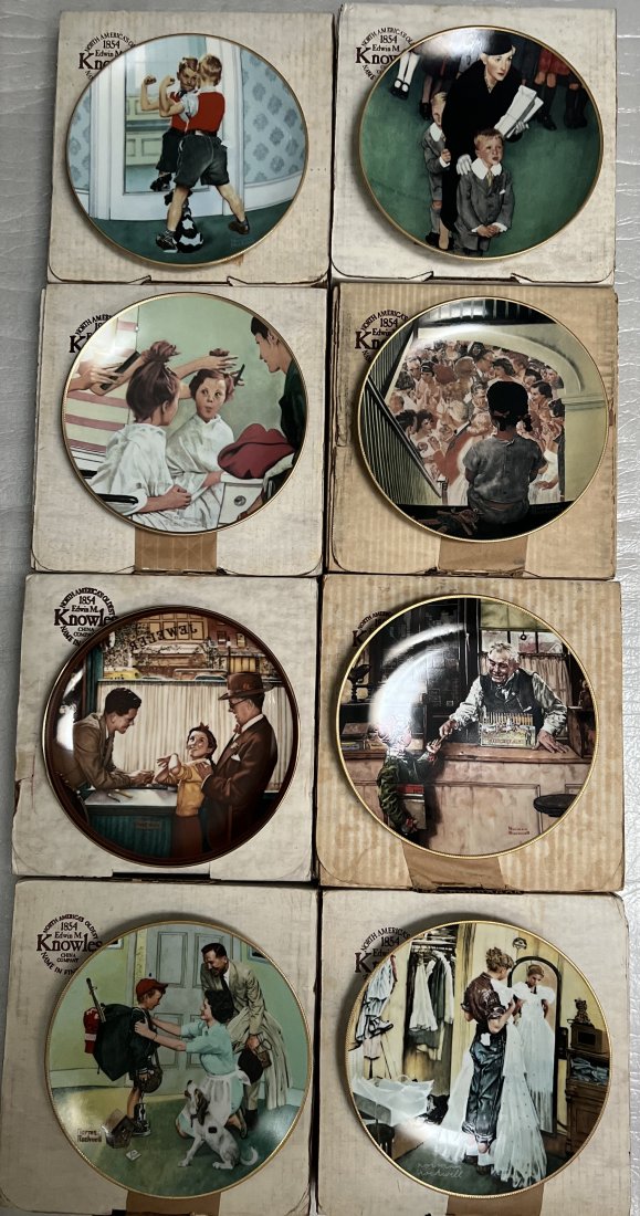 SET OF 8 (EIGHT) NORMAN ROCKWELL LIMITED EDITION COLLECTORS SERIES PLATES: SET OF 8 (EIGHT) NORMAN ROCKWELL LIMITED EDITION COLLECTORS SERIES PLATES CIRCA 1984 ALL NEW IN THE ORIGINAL BOX WITH PAPERWORK AND COA . EACH PLATE IS 8.5" ROUND EACH BOX 10" X 10.5 X 1.5