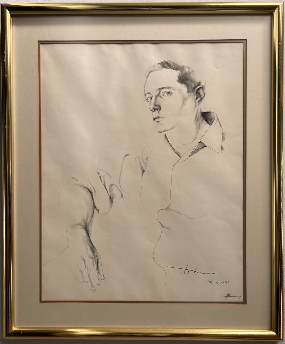 DON BACHARDY "PORTRAIT OF "OF A YOUNG MAN " THE COMPOSER: DON BACHARDY "PORTRAIT OF A YOUNG MAN " THE COMPOSER ,PENCIL ON PAPER SIGNED LOWER LEFT AND DATED MARCH 31, 1966 IMAGE 22" X 28" FRAMED UNDER GLASS 30 X 36" .Don Bachardy was born in Los Angeles on Ma