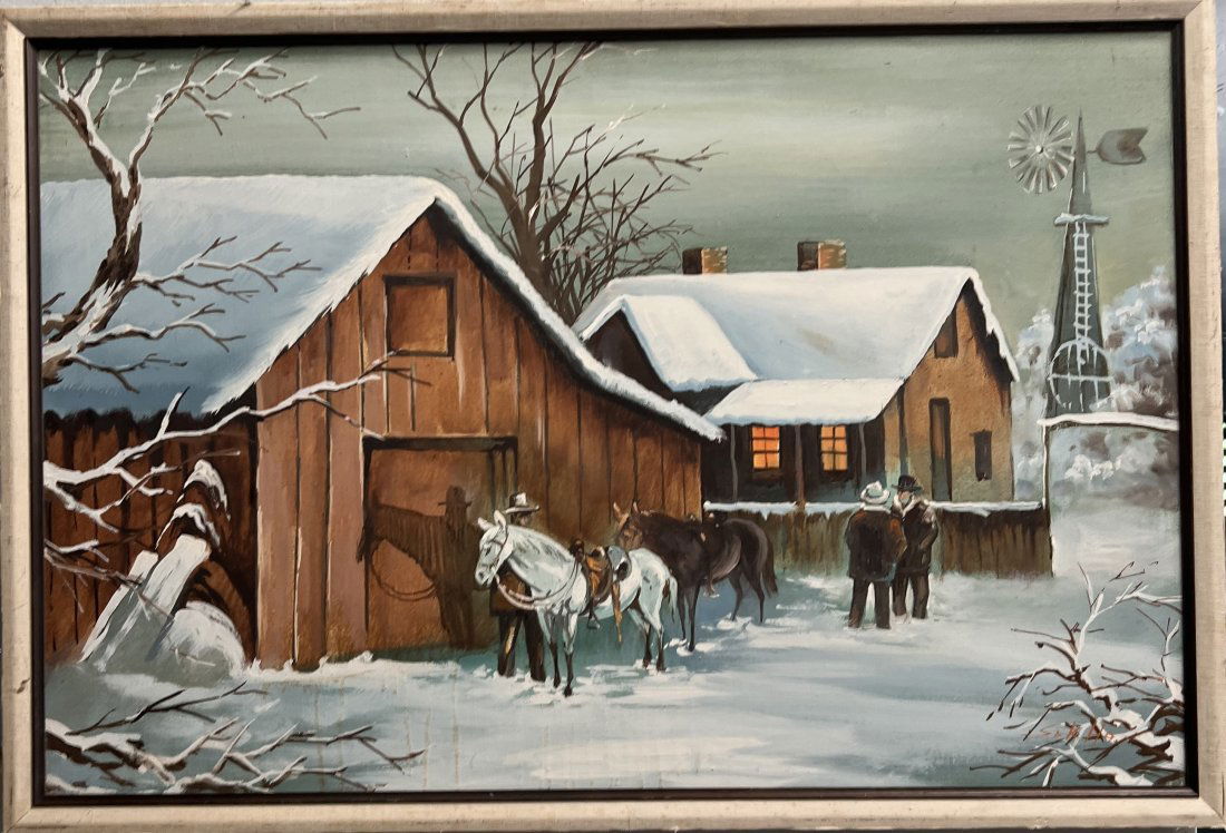 SAK HO , SNOW ON THE FARM BARNS ORIGINAL OIL ON CANVAS LANDSCAPE PAINTING (1 of 5)
