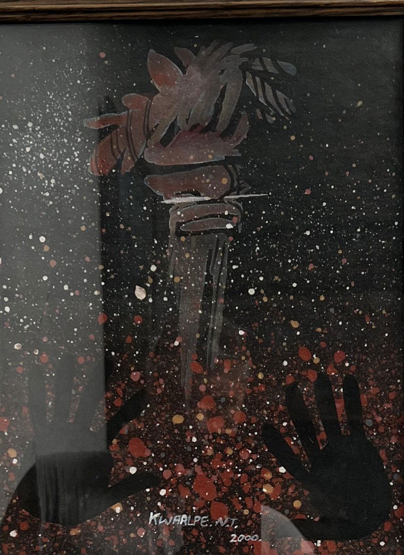 DOUGLAS KWARLPE ABBOTT (B 1948)" KADAICHA MAN" DATED 2000, OIL ON CANVAS: This beautiful painting by Douglas Kwarlpe Abbott titled "Kadaicha Man" is a stunning representation of his artistic ability. Created in 2000 with oil on canvas, this original piece showcases the arti