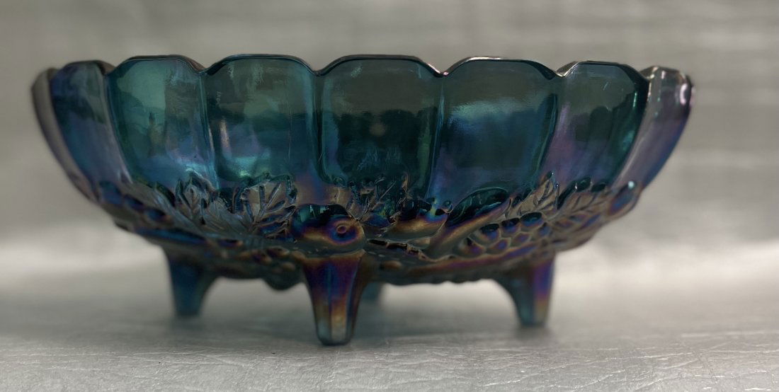 VINTAGE CARNIVAL GLASS BLUE IRIDENESCENT HARVAST GRAPES  OVAL FOOTED BOWL (1 of 3)