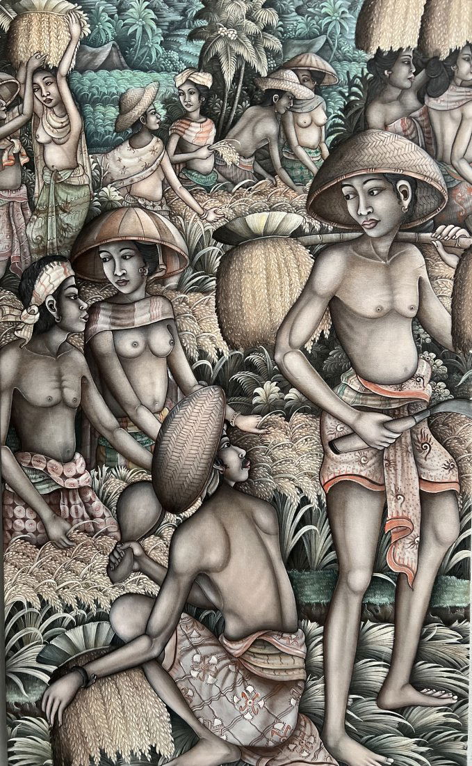 VINTAGE BALINESE PAINTING IN THE FEILDS MARKET TRADITIONAL PRIMITIVE (1 of 3)