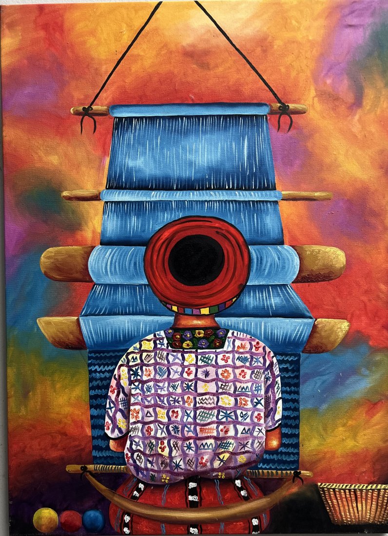 A MONGOLIAN MAN AT THE LOOM OIL ON CANVAS 22" X 32.5": This unique painting captures a Mongolian man weaving at a loom. The rich colors of the acrylic painting on canvas bring to life the scene of the man working in his craft. Measuring 22" x 32.5", this 