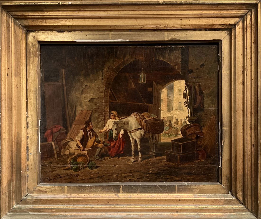 Franz Quaglio (1844 - 1920)- Italian peasant couple in the stable OIL ON WOOD SIGNED AND DATED 1895 (1 of 6)