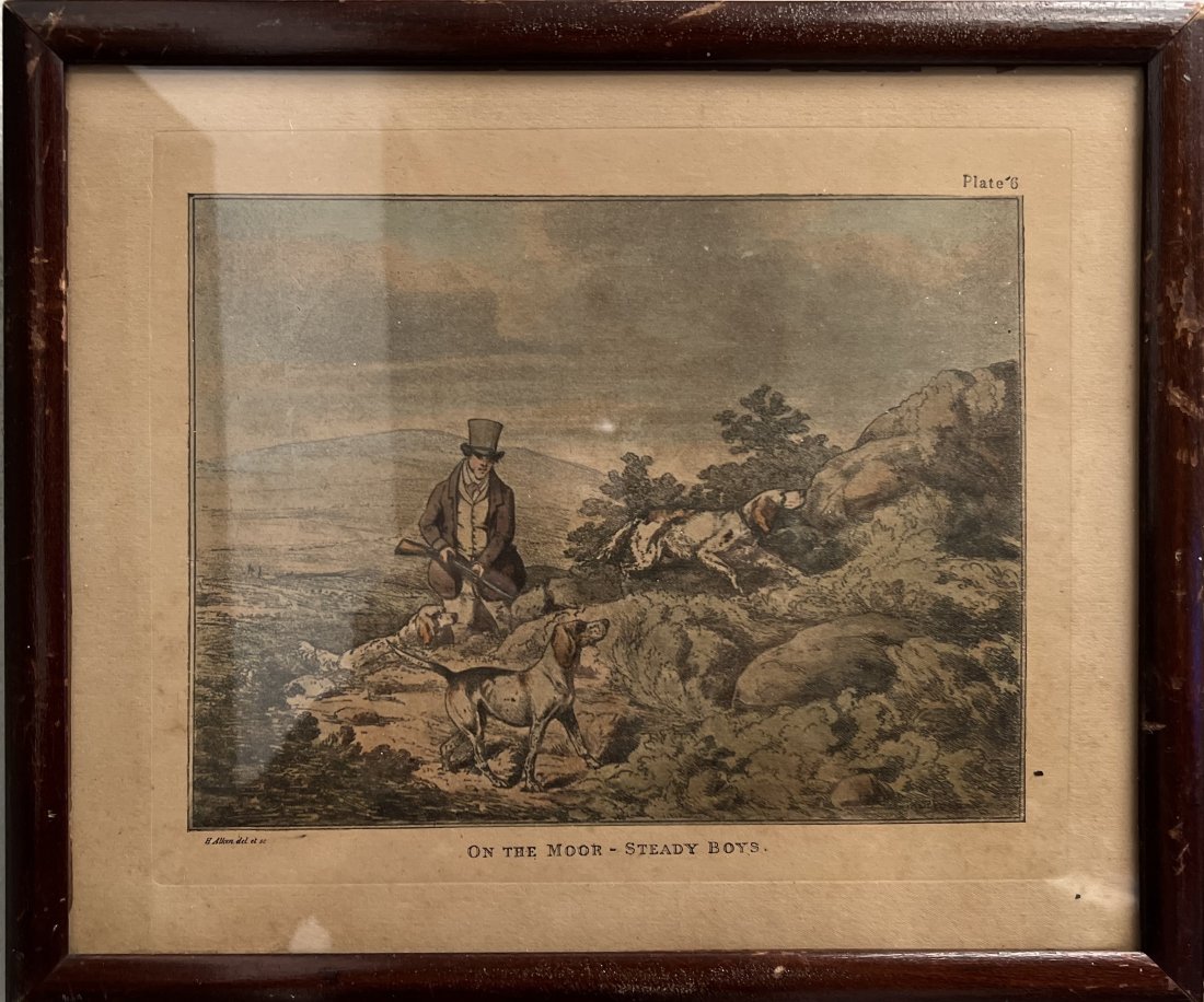 ON THE MOOR - STEADY BOYS A ETCHING BY H ALLEN , PLATE NUMBER 6: This beautiful etching by H Allen is titled "On the Moor - Steady Boys" and features a stunning landscape with hunting dogs. The print is an original and measures 14 inches in length and 12 inches in 