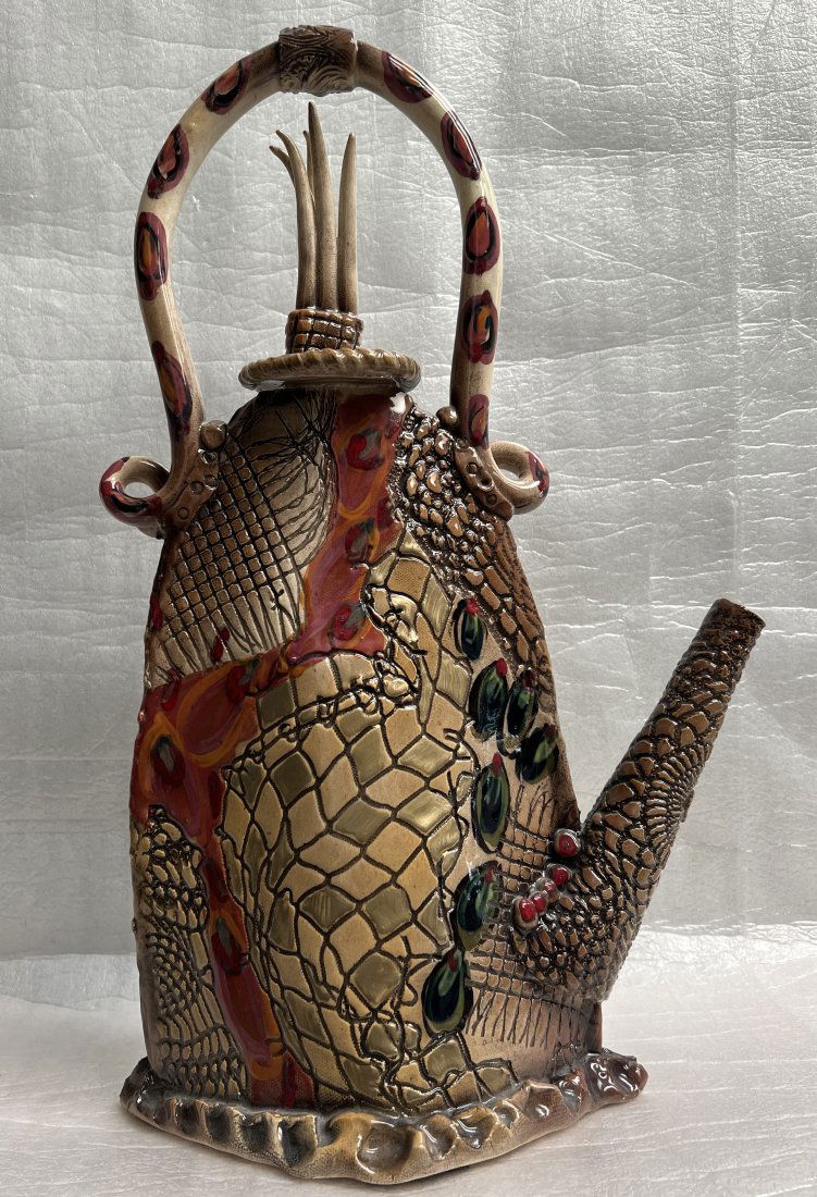 STUNNING GAIL MARKIEWICZ HAND CRAFTED RAISED TEXTURED TEA KETTLE H 19" W 11" (1 of 3)
