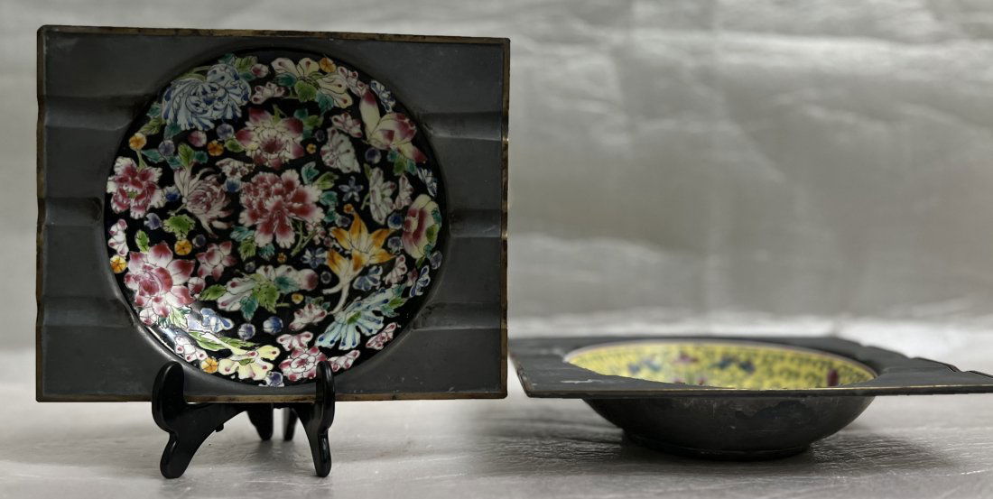 TWO ANTIQUE VINTAGE PEWTER AND HAND PAINTED PORCELAIN BOWLS/ASHTRAYS, CHINA MARK (1 of 7)