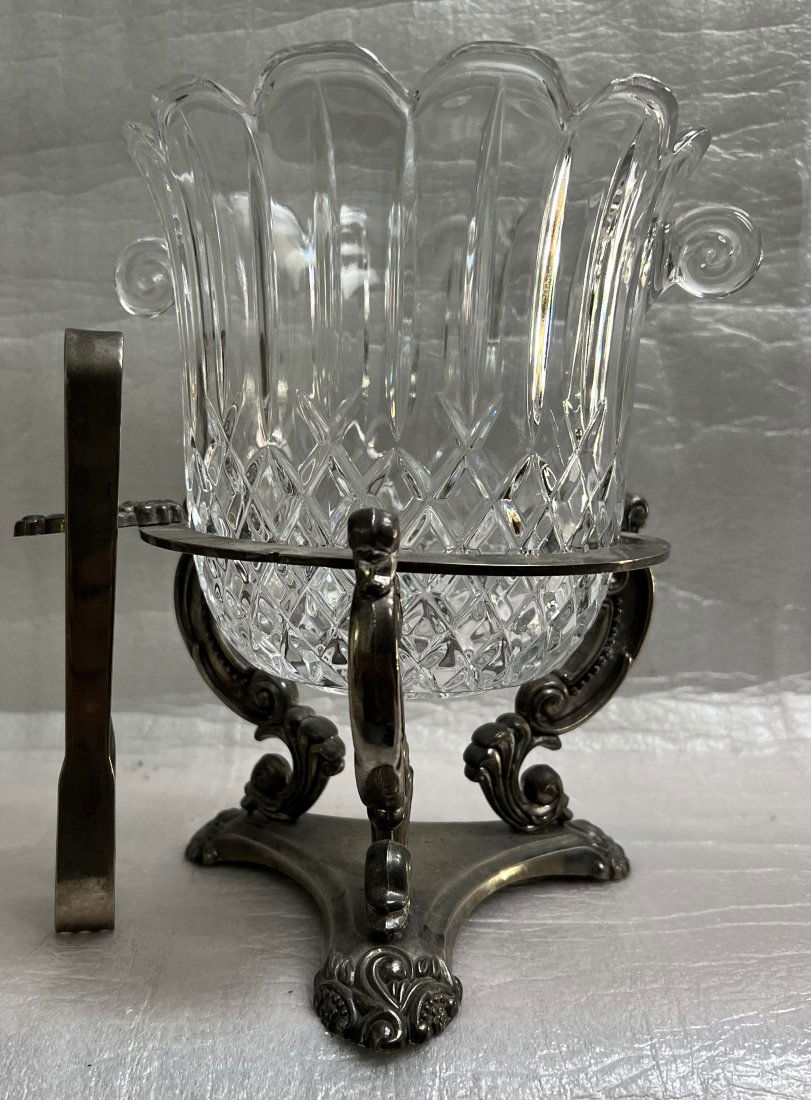 VINTAGE GODINGER SILVER CO BAROQUE CRYSTAL INC BUCKET WITH STAND AND TONGS (1 of 6)