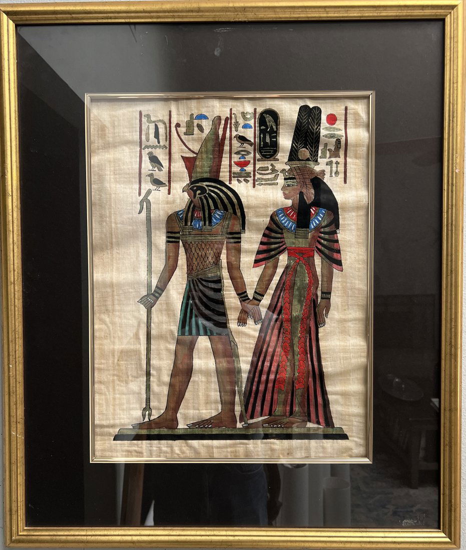 HORUS AND NEFERTITI HAND PAINTED ON PAPYRUS BEAUTIFULLY FRAMED (1 of 2)