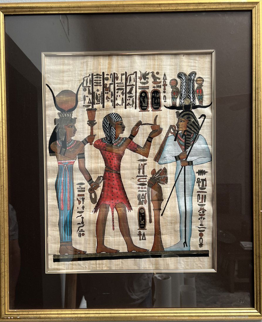 KING SETHI I WITH THE PRIEST HAND PAINTED ON PAPYRUS BEAUTIFULLY FRAMED (1 of 2)