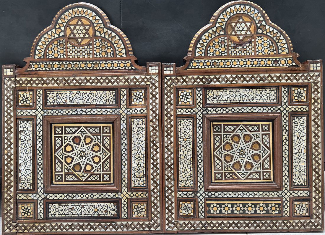 PAIR OF SYRIAN INLAY WITH INTRICATE MOTHER OF PEARL AND EBONY DESIGH HANGING ART (1 of 3)