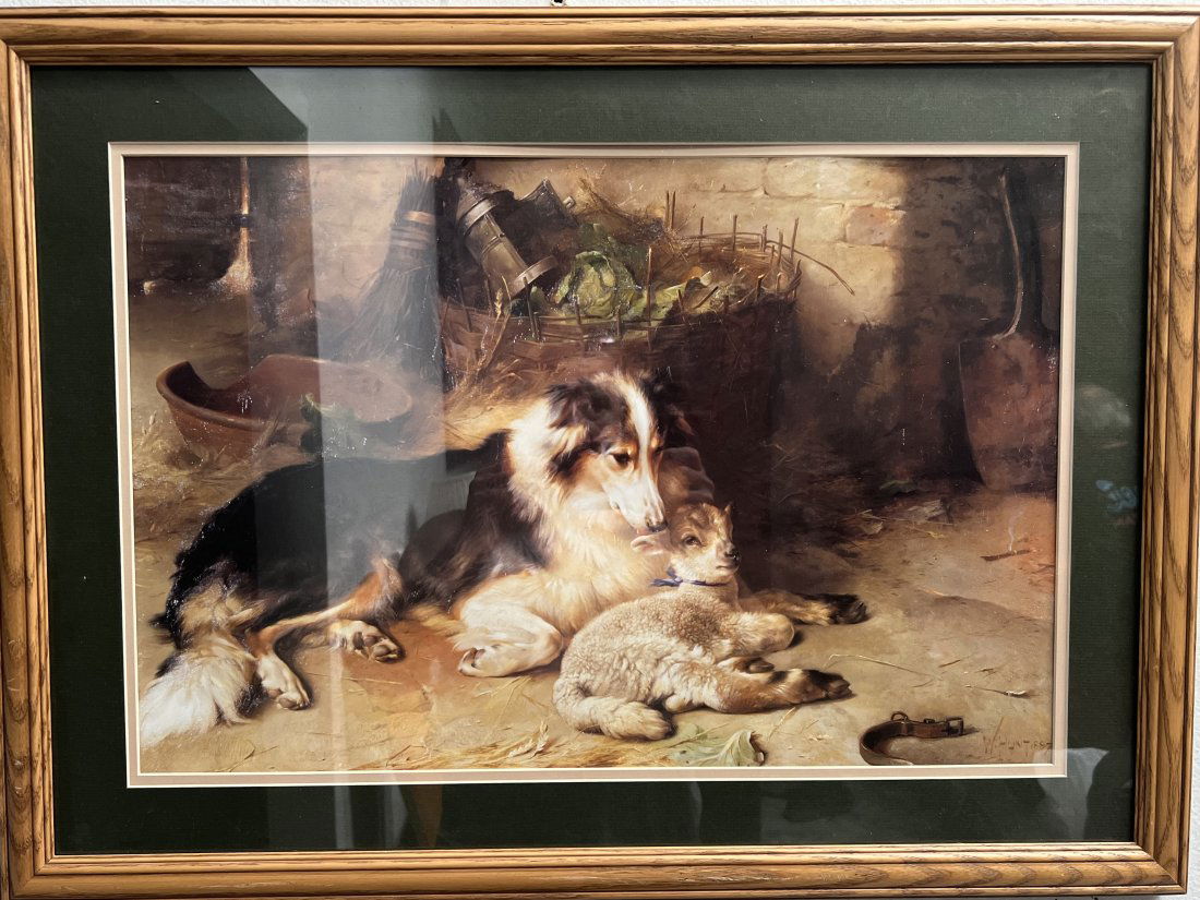 LARGE FRAMED LITHOGRAPHS " MOTHERLESS LAMB WITH DOG" JAMES M.W. HUNT (1 of 6)
