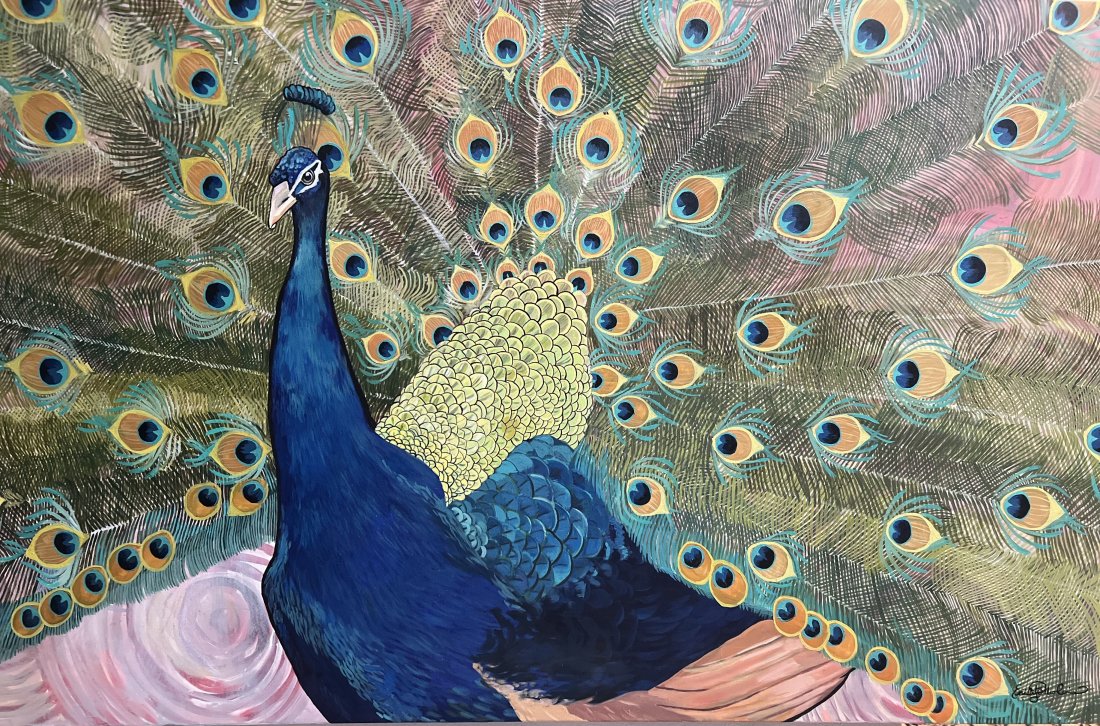STUNNING ON ON CANVAS "A PEACOCK FANNING ITS FEATHERS" W EYE CATCHING COLOR: This striking piece of contemporary art features a peacock fanning its colorful feathers on a large canvas measuring 36 inches in height and 60 inches in width. The painting is an original creation by