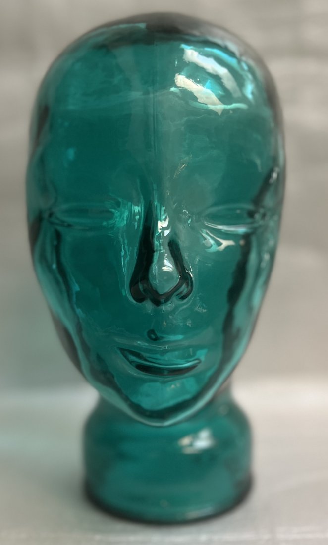 RARE VINTAGE 1970s  TEAL GREEN GLASS MANNEQUIN HEAD HAT -WIG DISPLAY STAND (1 of 3)