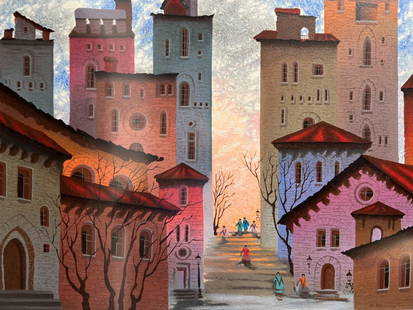 ANATOLE KRASNYANSKY " STREET OF SAN GIMININO" SERIGRAPH HAND SIGNED WITH COA: This beautiful serigraph print titled "Street of San Gimignano" is a stunning piece of contemporary art by Anatole Krasnyansky. The landscape orientation and large size of the print (26 inches in