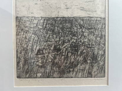 VINTAGE LAMAR LYNES FRAMED ETCHING FRAMED UNDER GLASS: This vintage etching by Lamar Lynes is a stunning piece of abstract art. The piece is signed by the artist and is an original print on paper. It has been expertly matted and framed under glass, making