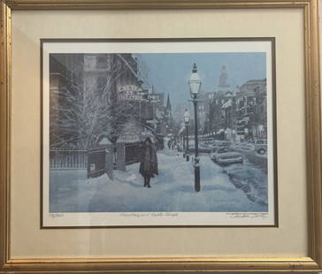 CANDACE LOVELY " NEWBURY AND EXETER STREETS" HAND SIGNED AND NUMBERED IN PENCIL: This beautiful art print by Candace Lovely depicts the charming scene of Newbury and Exeter Streets on a winter afternoon. The print is hand signed and numbered in pencil, making it a unique and