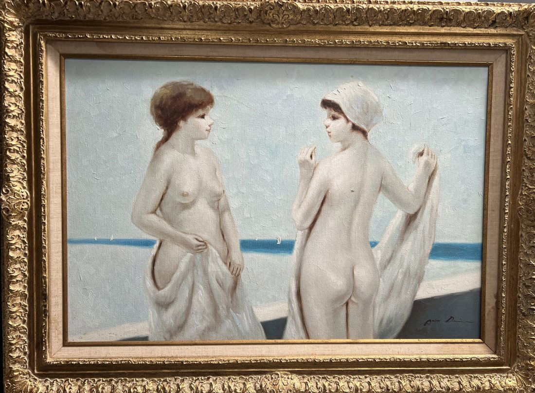 VERY LARGE STUNNING VINTAGE WORK ATTRIBUTED TO ANDRE DERAIN or AFTER: This beautiful piece of art attributed to Andre Derain is a must-have for any art enthusiast. The large canvas painting depicts girls at the beach and is a stunning example of art nouveau style. The p